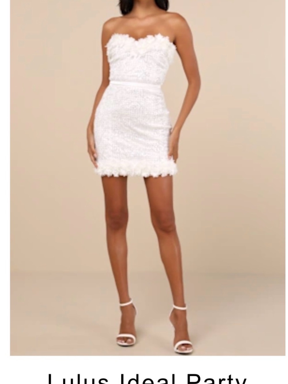 Lulu's White Strapless Sequin Feather-Trim Mini Dress